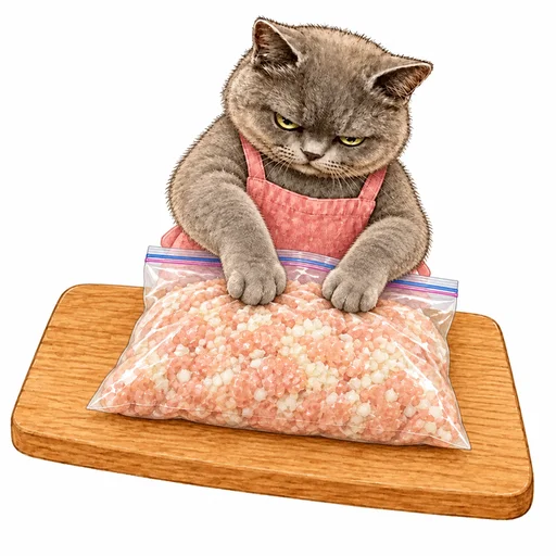 保存袋の中の鶏ひき肉と玉ねぎを、袋の上からもむグレ子