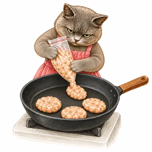 保存袋の角からフライパンへ肉だねを絞り出すグレ子