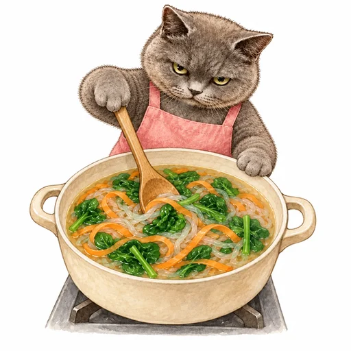 ほうれん草、にんじんの皮、しらたきを入れた鍋を煮立たせるグレ子