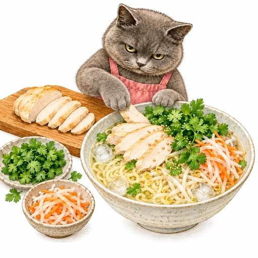パクチーとレモンの冷やし塩らーめん:スープと具を合わせる