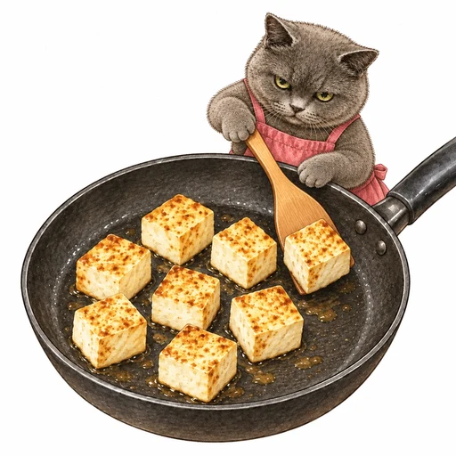 木べらで豆腐を返して焼き色をつけるグレ子