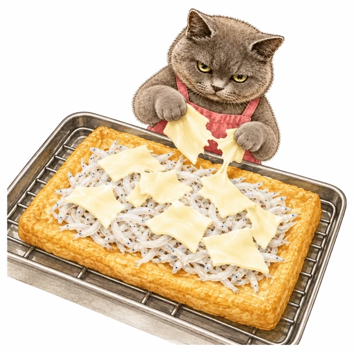 油揚げのしらすピザ：しらすとチーズをのせて焼く