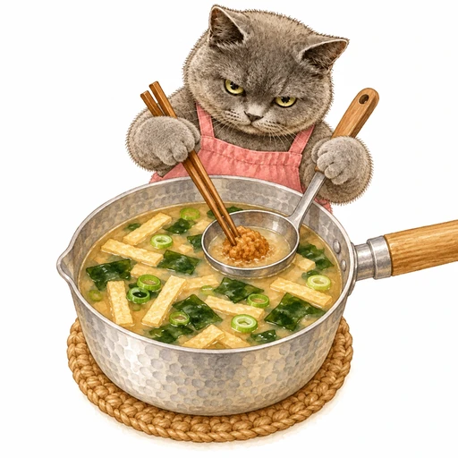 油揚げとねぎとわかめのお味噌汁：みそを溶く