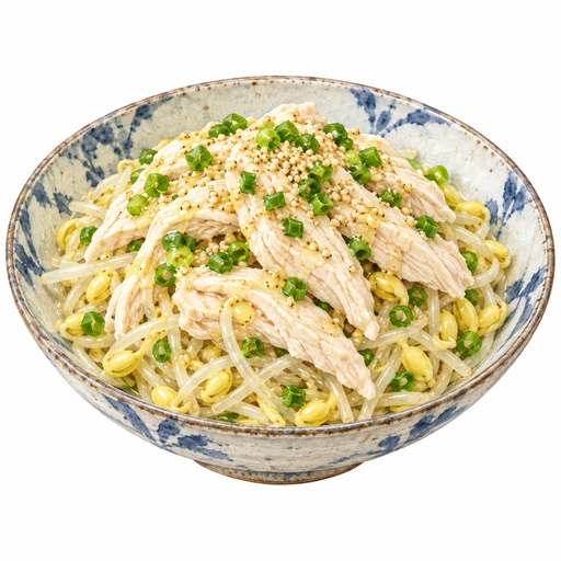 もやしと蒸し鶏のねぎ塩だれ完成イラスト