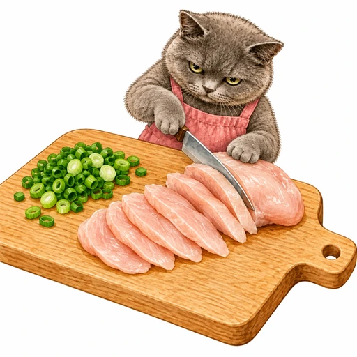 もやしと蒸し鶏のねぎ塩だれ:肉とねぎを切る