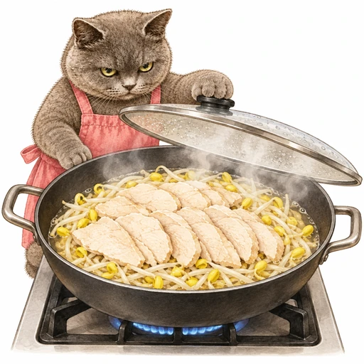 もやしと蒸し鶏のねぎ塩だれ:もやしと重ねて蒸す