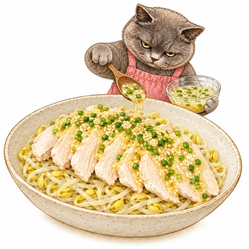 もやしと蒸し鶏のねぎ塩だれ:たれをかける
