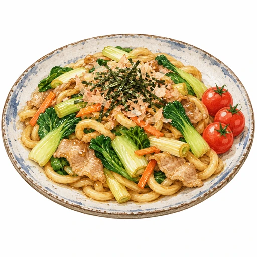 豚肉とチンゲン菜の焼きうどん完成イラスト