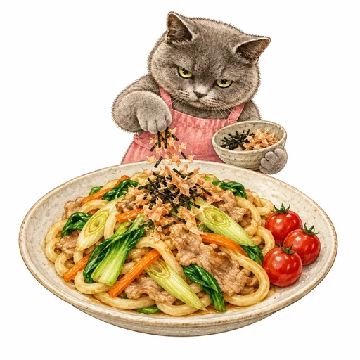 豚肉とチンゲン菜の焼きうどん：のりとかつお節をのせる