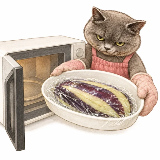 ミトンで耐熱皿を持ち、ラップに包んだ縞皮のなすを電子レンジから取り出すグレ子