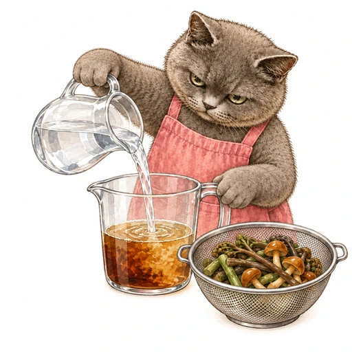 めんつゆを水で薄め、洗った山菜となめこを用意するグレ子