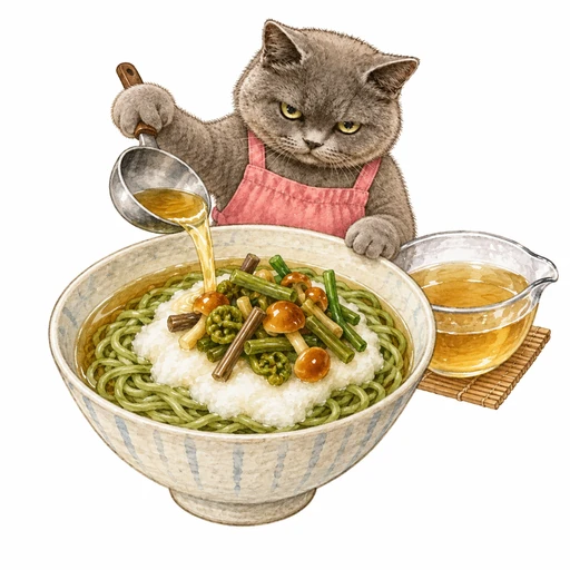 山菜となめこのとろろ茶そば:茶そばをゆでて盛る