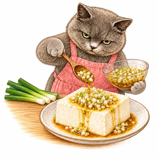 ねぎだれ冷奴：食べる前にかける