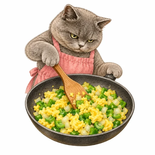 ピーマンと玉ねぎの卵炒め：野菜と炒め合わせる