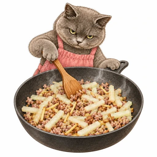 スイカの皮とひき肉の甘辛炒め:ひき肉を炒める