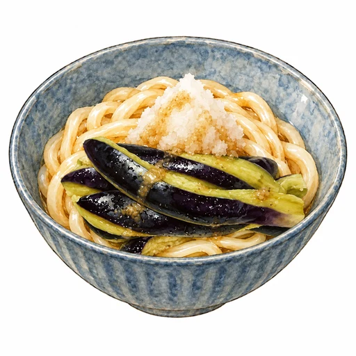 冷たいうどんに、縞皮の細長い蒸しなすと大根おろし、柚子胡椒だれをのせた完成図