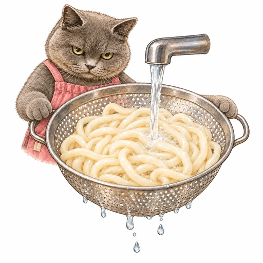 ざるを両手で支え、ゆでたうどんを流水で冷ますグレ子