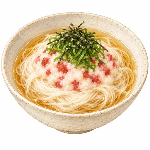 梅を混ぜた粗いたたき長芋と大葉、刻み海苔をのせた梅とろろそうめん