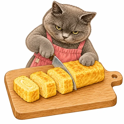 焼けた卵を切り分けるグレ子