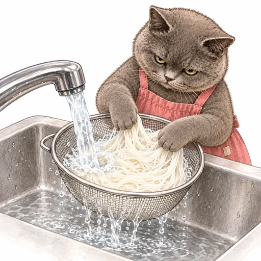 細いそうめんをざるに入れ、流水で洗うグレ子